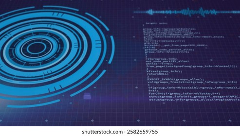 Image of blue circular scanner and processing data on dark background. Connection, network, data, digital interface and communication, digitally generated image. - Powered by Shutterstock - Get 15% off with code: PIKWIZARD15