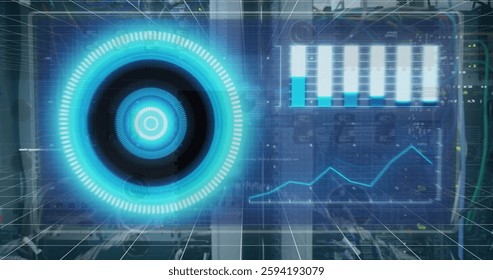 Image of blue circular scanners and charts processing data over servers. Connection, data, processing, digital interface, business, network and global communication, digitally generated image.