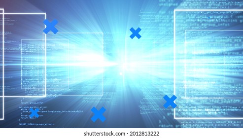 Image of blue crosses over data processing, colourful screen, text wow, and digital landscape. communication technology and digital interface concept, digitally generated image. - Powered by Shutterstock - Get 15% off with code: PIKWIZARD15