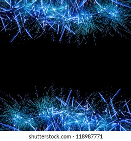 Image Of Blue Firework Border, Glowing Festive Frame, Abstract Salute Background, Christmas Greeting Card With Copy Space, Bright Neon Lights In Night Sky At New Year Eve, Xmas Holiday Celebration