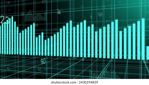 Image of blue graph and data processing over 3d grid. Global communication, business, finance and data interface concept digitally generated image.