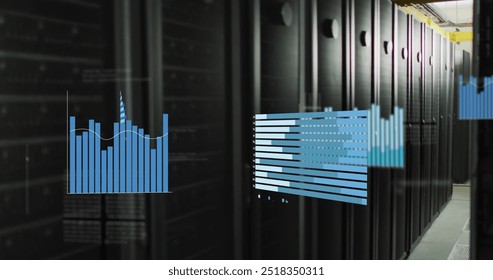 Image of blue graphs over computer server room. Data, digital interface, connection, processing, network and communication, digitally generated image.