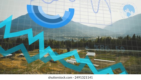Image of blue lines and data processing over landscape. Global business, digital interface, finances, computing and data processing concept digitally generated image.