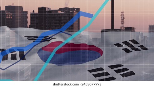 Image of blue lines financial data processing, city over flag of south korea. Global business, finance, data processing and digital interface concept digitally generated image.