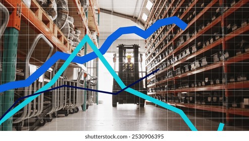 Image of blue lines, financial data processing over warehouse. Global shipping, business, finance, data processing and global economy concept digitally generated image. - Powered by Shutterstock