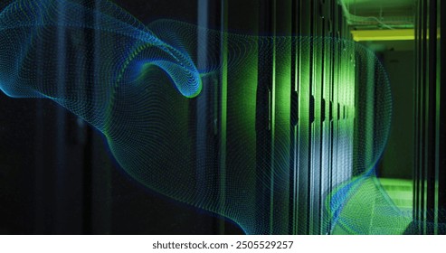 Image of blue network wave moving over dark computer server room. Digital interface, data, network, connection and communication, digitally generated image.