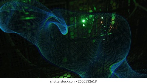 Image of blue network wave moving over dark computer servers. Digital interface, data, network, connection and communication, digitally generated image.