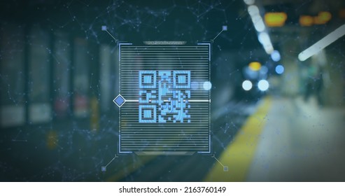 Image of a blue QR code scanning with a blue web of connections over an underground train going into the station. Digital composite image