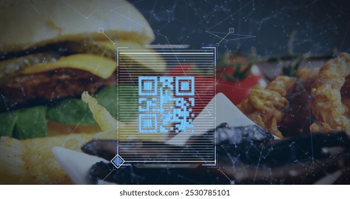 Image of a blue QR code with a web of connections over a fast food meal on a table digital composite image