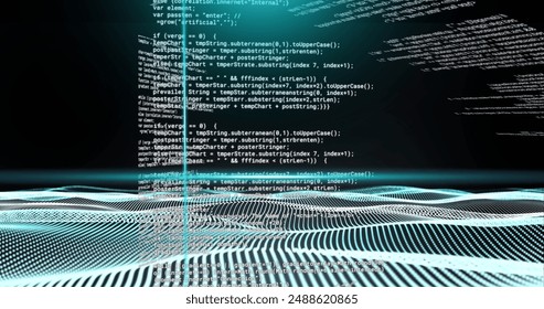 Image of blue scanner beams over 3d network waves and data processing on black background. Connection, data, ai, processing, digital interface and communication, digitally generated image.