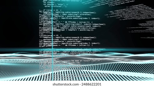 Image of blue scanner beams over 3d network waves and data processing on black background. Connection, data, ai, processing, digital interface and communication, digitally generated image.