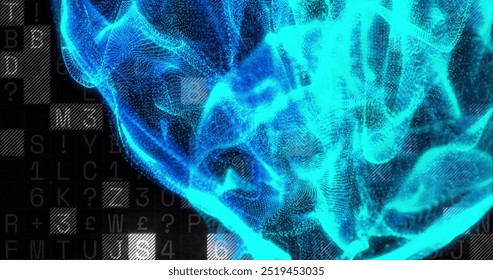 Image of blue spots over data processing on black background. Pattern, technology and digital interface concept digitally generated image.