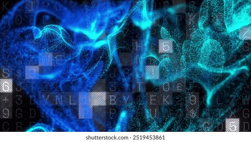 Image of blue spots over data processing on black background. Pattern, technology and digital interface concept digitally generated image.