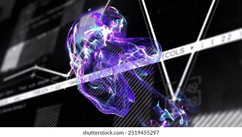 Image of blue spots over data processing on black background. Pattern, technology and digital interface concept digitally generated image.