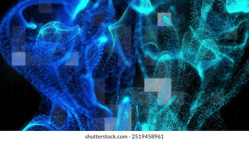 Image of blue spots over data processing on black background. Pattern, technology and digital interface concept digitally generated image.