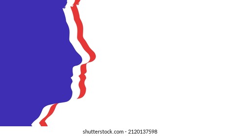 Image Of Blue, White And Red Male Face Side View Cut Outs In A Row On White Background. Copy Space, Presidents Day, American Flag, Human Representation, Patriotism And Politics.