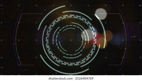 Image of blurred traffic lights over data processing and dark space. Data processing, digital screen, network safety and technology concept digitally generated image.