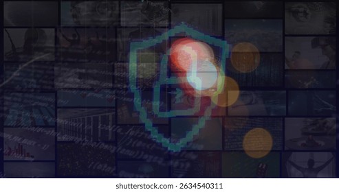 Image of blurred traffic lights over digital padlock and dark space. Data processing, digital screen, network safety and technology concept digitally generated image.