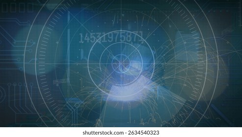 Image of blurred traffic lights over processing circle and dark space. Data processing, digital screen, network safety and technology concept digitally generated image.
