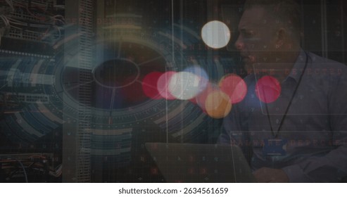 Image of blurred traffic lights over processing circle over caucasian man checking servers. Data processing, digital screen, network safety and technology concept digitally generated image.