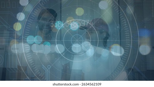 Image of blurred traffic lights over processing circle and dark space. Data processing, digital screen, network safety and technology concept digitally generated image.