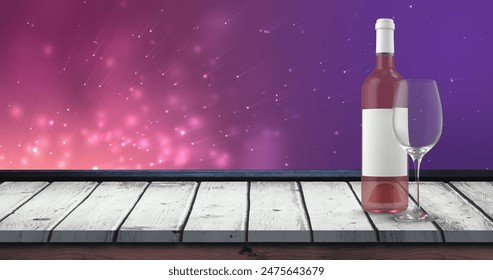 Image of bottle of rose wine over lights over violet background with wooden surface. wine business, tasting and celebration concept digitally generated image. - Powered by Shutterstock