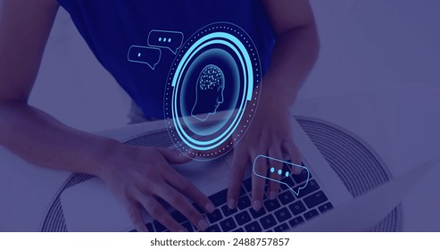 Image of brain and ai data processing over caucasian woman using computer. Global artificial intelligence, data processing, computing and digital interface concept digitally generated image.