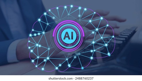 Image of brain and ai data processing over caucasian woman using computer. Global artificial intelligence, data processing, computing and digital interface concept digitally generated image.