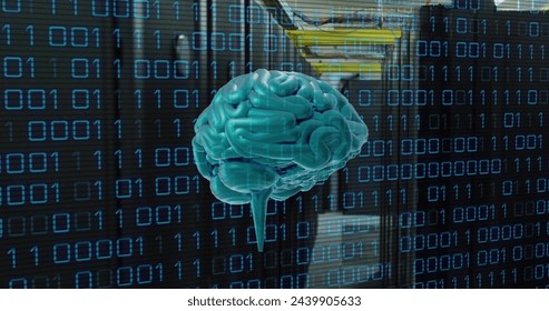 Image of brain, binary coding and data processing over computer servers. Global finance, business, connections, computing and data processing concept digitally generated image.