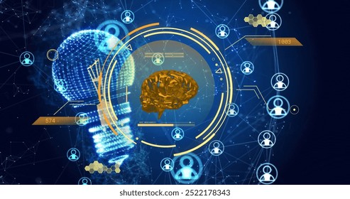 Image of brain and circular scanner over light bulb and network of people icons. Connection, data, processing, ai, energy, research, digital interface and communication, digitally generated image.