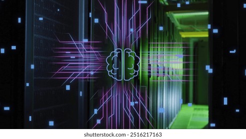 Image of brain, digital data processing and circuit board over computer servers. Global connections, computing and data processing concept digitally generated image.