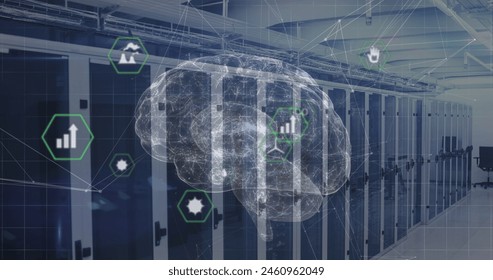 Image of brain, icons and data processing over servers. Network, computers, biology, data processing and technology concept digitally generated image.