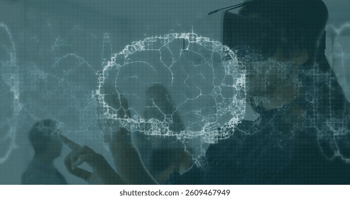 Image of brain and medical data processing on interface, over smiling woman using vr headset. global medical research technology and digital interface concept, digitally generated image.