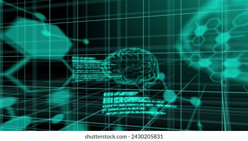 Image of brain, molecular strauctures and layers of data processing over 3d grid on black. Global communication, research, network and data interface concept digitally generated image. - Powered by Shutterstock