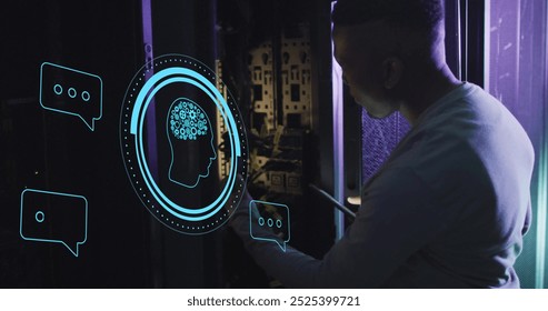 Image of brain network in circular scanner and chat icons over male server technician. Data, digital interface, connection, processing and artificial intelligence, digitally generated image.