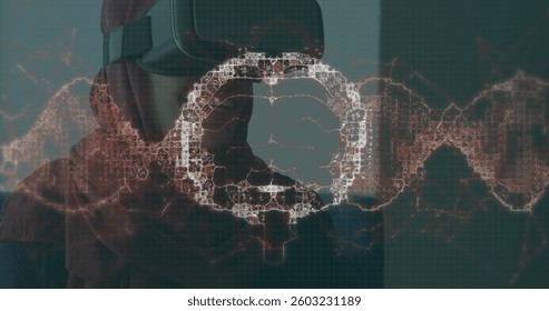 Image of brain scan and medical data processing on interface, over smiling man in vr headset. global medical research technology and digital interface concept, digitally generated image.