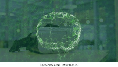 Image of brain scan and medical data processing on interface, over vr headset on desk. global medical research technology and digital interface concept, digitally generated image.
