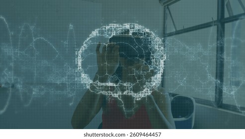 Image of brain scan and medical data processing on interface, over woman using vr headset. global medical research technology and digital interface concept, digitally generated image.