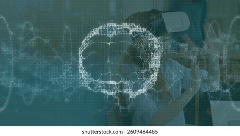 Image of brain scan and medical data processing on interface, over woman using vr headset. global medical research technology and digital interface concept, digitally generated image.