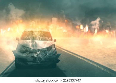 Image Of Broken Car On The Road With Burning City Background