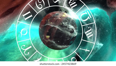 Image of brown planet and zodiac in green and brown space with smoke. Planets, astrology, cosmos and universe concept digitally generated image. - Powered by Shutterstock