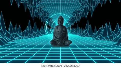 Image of buddha sculpture over neon tunnel metaverse background. Global networks, digital interface, computing and data processing concept digitally generated image.