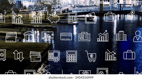 Image of business icons and data processing over cityscape. Global social media, connections, computing and data processing concept digitally generated image.