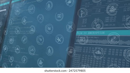 Image of business icons and data processing on blue background. Global business and digital interface concept, digitally generated image.