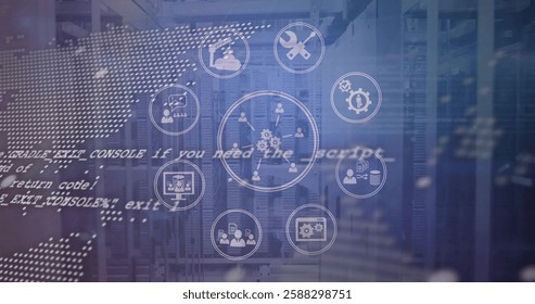 Image of business media icons over world map and processing data. Network, data, processing, digital interface, business and global communication, digitally generated image.