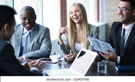 Smiling Multiracial Diverse Businesspeople Sit Office Stock Photo (Edit ...