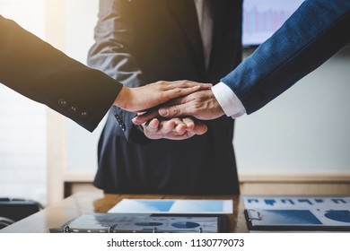 Image Of Business People Joining And Putting Hands Together During Their Meeting, Connection And Collaboration Concept, Teamwork Process Of Partner And Best Relationship.