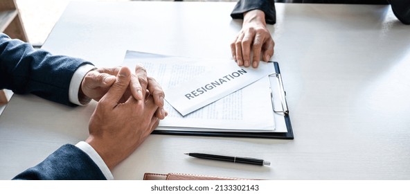 Image Of Business Woman Hand Sending A Resignation Letter To Executive Boss, Change Of Job, Unemployment, Resign Concept.