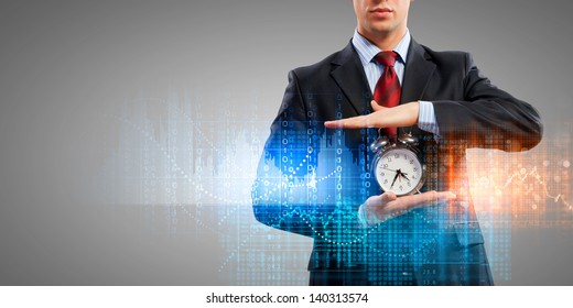 Image of businessman holding alarmclock against illustration background