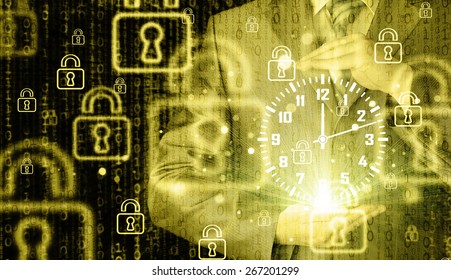 Image of businessman holding clock against illustration background